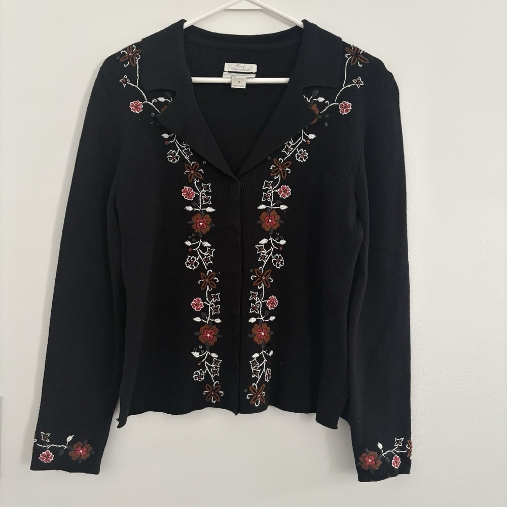 C&B Women'sDark Academia Black Hand Embroidered Floral Button Sweater/Cardigan M
